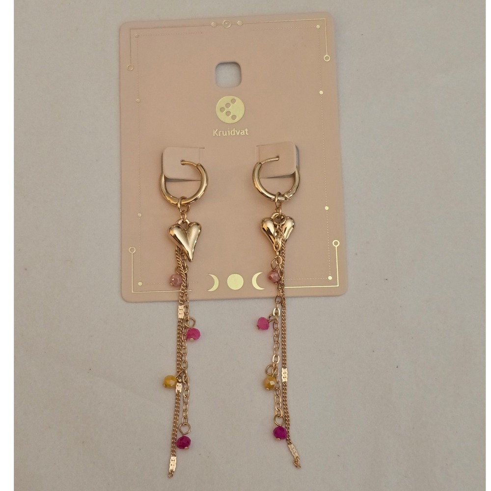 Gold Tone Heart Dangle Earrings Pink Amber Beaded Chain Drop Hoop New